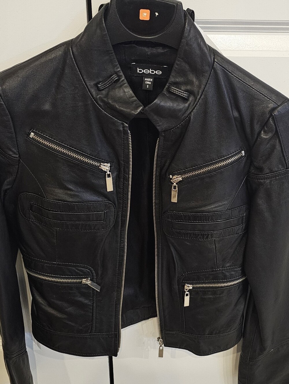 bebe Black Moto-Style Leather Jacket with Zip Pockets - Picture 1 of 7